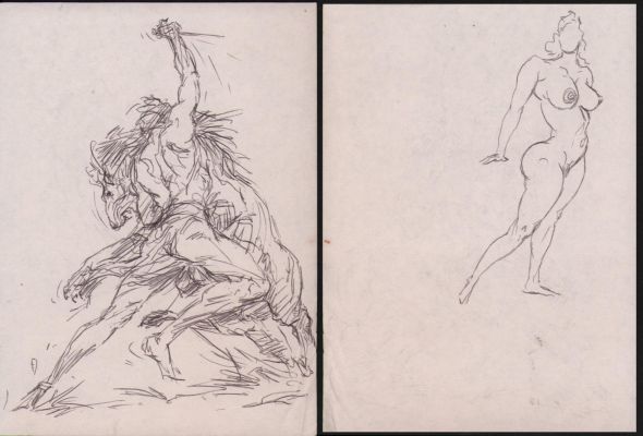 Roy Krenkel | Doublesided Tarzan Fighting Lion & Nude on Beach Ink Sketch | Anthony’s Comic Book Art
