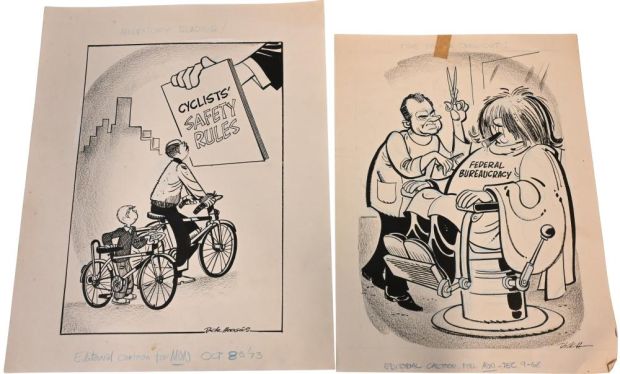 Lot 68 - 8 Dick Hodgins (American 20th Century), Original Editorial Cartoons Eight original pen and ink editorial cartoons on… | misc / divers