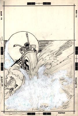 Luis Dominguez | Weird War Tales #27 Unpub Cover (Nazi Skeleton Sub Captain Rams American Sailors Drawn Under the Whiteout Like Published Cover!) 1974 | Romitaman