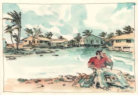 Bastien Vives | Corto Maltese - Illustration du livre"Le jour d’avant" - 32 - H:20 x L:29 - Encre et aquarelle - 2025 - | Manjari & Partners