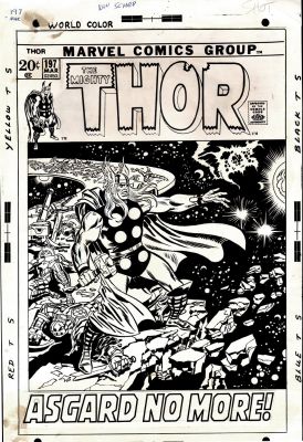 John Buscema | Thor #197 Unused 1971 Cover (Thor & Destroyed Rainbow Bridge, Cover Scene in Book! All Original Stats!) 1971 | Romitaman