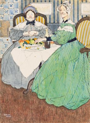 Edmund Dulac, (1882-1953), "There she sat, dressed out in a light green muslin gown." 1922. | Swann Galleries