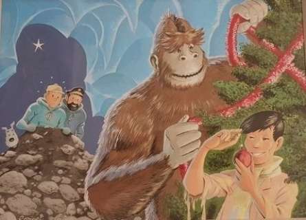Tintin - Dessin original en couleurs Tintin, le Yeti et Tchang - carte de voeux noël - (1999) | Catawiki
