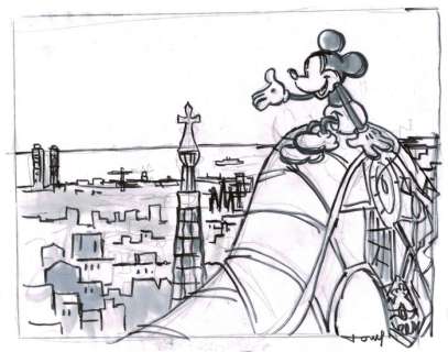 Mickey Mouse in Barcelona Gaudi Park - Original Preparatory Sketch - Tony Fernandez - Art original | Catawiki