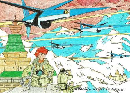 Wasterlain, Marc - Dessin original en couleur - Hommage Ã  Edgar P. Jacobs - Jeannette Pointu - (2016) | Catawiki