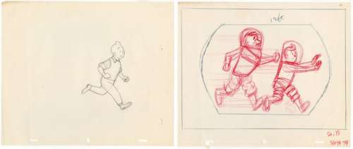 Tintin - 2 croquis préparatoires - Tintin et Haddock - On a marché sur la lune - Page volante - EO - (1960/1962) | Catawiki