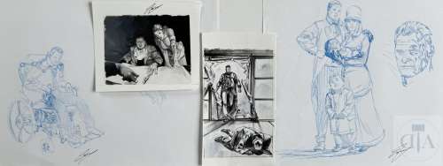 Zarcone/Waterloo 1911. Ensemble de 4 dessins orignaux signés en TBE+: - Lot 318 : - Paire de dessins préparatoires pour les personnages réalisés au…