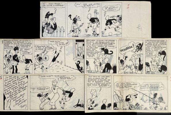 Jijé / Blondin et Cirage. Série de 5 strips formant les 2 premières pages de l‘album T1 "BS en amérique". Encre de Chine et crayon bleu. Signé vers 1939. Annotations au dos. Superbe pièce de collection historique et rarissime. TBE. Dimensions/strip: 55 X 20 cm ! - Lot 369 :