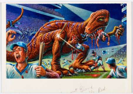 XNO 1988 Topps Dinosaurs Attack Card #12 "Panic in the Stadium" Painting Original Art (Topps, 1988). | Heritage