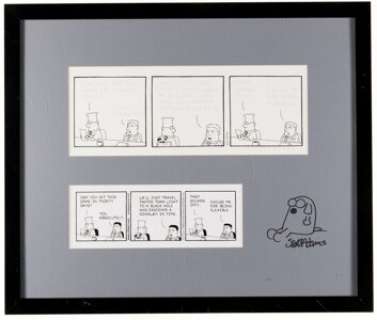 Scott Adams Dilbert Daily Comic Strip Original Art dated 4-19-02 and Dogbert Sketch (United Features Syndicate, 2002).