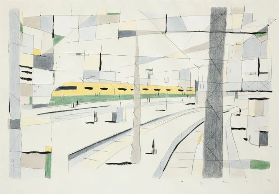 Avril - La Gare,... | Lot 82 - AVRIL - La Gare, illustration aux crayons pastels et... | Tessier Sarrou