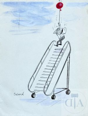 Sempé / Petit Nicolas. Dessin Original Très Poétique Réalisé Pour Une Carte de Vœux de 1957 Offerte À Un Proche de L’auteur Qui Travaillait Pour Airfrance. Rare. Encre de Chine Et Aquarelle. Signé. Tbe+ | Lot 370 : | Dagoty