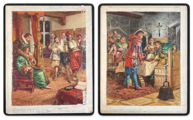 Lot 419 - LOOK AND LEARN - A pair of original colour historical related artworks, gouache on board, artist C L | Excalibur Auctions