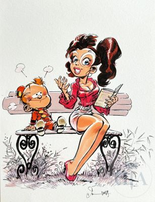 Dan Verlinden / Le Petit Spirou. Dessin Original de Très Belle Qualité Illustrant Le Petit Spirou Avec Sa Prof Préférée. Encre de Chine Et Aquarelle. Signé Et Daté 2019. Format A4 | Lot 349 : Dan Verlinden / Le petit Spirou. Dessin original de très belle… | Dagoty