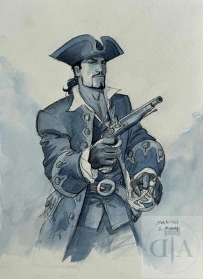 Marini / Le Scorpion. Dessin Orignal Illustrant Le Héros Réalisé À L’aquarelle Dans Un Ton Monochrome. Signé Et Daté 2024. Tbe+. Format A4 | Lot 519 : Marini / Le Scorpion. Dessin orignal illustrant le héros réalisé… | Dagoty
