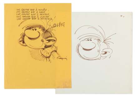 Franquin André | 2 dessins originaux représentant Gaston Lagaffe, l’un avec dédicace à Guy Dessicy. | Sotheby’s
