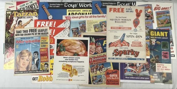 Lot 136 - A selection comic book advertising posters including TARZAN, THOMSON ANNUALS, BEANO, ZIP!, GIRL,