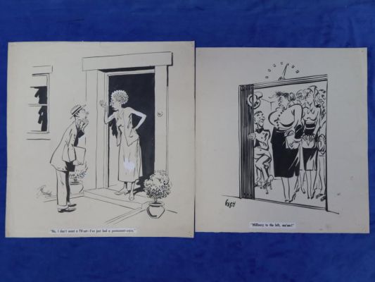 TWO COMICS, "NO, I DON’T WANT A TV SET" BY EDWARD SCORFIELD ALONG WITH "MILLINERY TO THE LEFT, MA’AM" BY LESLIE SUCH | misc / divers