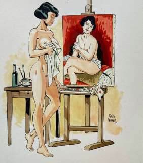 Meynet, Félix - Dessin original couleur - Hommage au nu assis de Modigliani - (2019) | Catawiki
