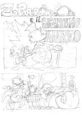 Giorgio Cavazzano | Zio Paperone e il gigantismo aureo p.1 bozzetto (Topolino n.2052 del 1995) | Tavole Originali
