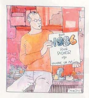 Moebius | Â«Bon 1986Â». Encre de Chine et aquarelle pour un dessin format 9 | Tessier Sarrou