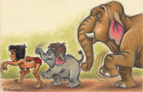 Joan Vizcarra | The Jungle Book: Mowgli, Hathi, Jr & Winifred - Original Drawing - Joan Vizcarra - 50 x 32 cm - Éditions diverses | Catawiki