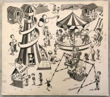 Fergusan Dewar | Fergusan Dewar - Grote originele tekening in inkt en gewassen inkt op board (42,5 x 37,2 cm.) - Grote overzichtstekening van een pretpark - Exemplaire unique - (1967) | Catawiki