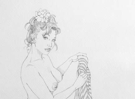 Giovanna Casotto | Giovanna Casotto - illustrazione originale a matita â€œTempo liberoâ€ - 25x35 - firmata - Page volante (2021) | Catawiki