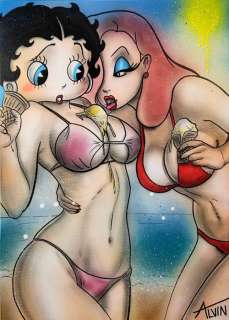 Alvin Silvrants | Betty Boop and Jessica Rabbit - Original drawing in colour by Alvin Silvrants - Lick the icecream | Catawiki