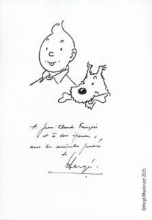 Hergé | TINTIN. Dessin dédicace représentant Tintin et Milou accompagné par | Coutau Bégarie