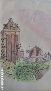 Pat Mallet. (1939-2012)Dibujo original 30 x 21 ctms. con hombrecillo verde. Marciano