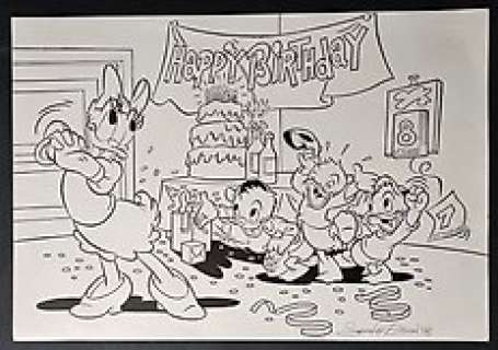 Sandro Dossi | Paperina, Qui, Quo & Qua - Sandro Dossi - illustrazione originale "Happy Birthday" - Page volante - Exemplaire unique - (2008) | Catawiki