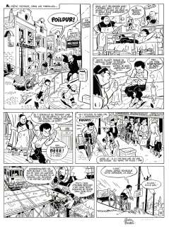 Olivier Schwartz - Lot 378 - Spirou et Fantasio, Le Groom vert de gris, planche originale à l’encre de chine pour cet album paru en 2009 chez Dupuis. On retrouve dans cette planche, les Marolles, Quick et Flupke poursuivis par l’agent 15 et une rue Fanny Vlamynck faisant face à une rue Germaine Kieckens.