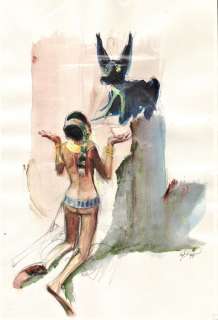 Follet, René | Follet, René - Dessin original - Egyptienne adorant Anubis - (1999) | Catawiki