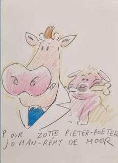 De Moor, Johan | De Moor, Johan - Dédicace couleur sur bleu - La Vache | Catawiki