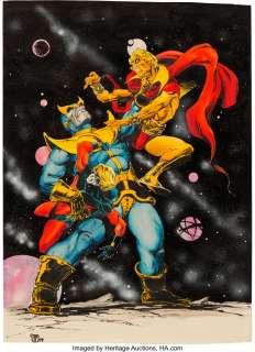 Starlin, Jim - Jim Starlin - Thanos vs. Adam Warlock and Captain Marvel Painting Original Art (1979)....