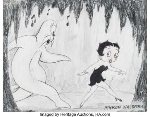 Myron Waldman Minnie the Moocher Betty Boop with Walrus Apparition Signed Drawing (Fleischer Studio, 1932/c. 1990s). | Heritage