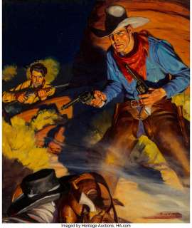 Robert G. Harris (American, 1911-2007) Gold Plated Six Guns, Wild West Weekly magazine cover, October 24, 1936 Oil on ... | Heritage