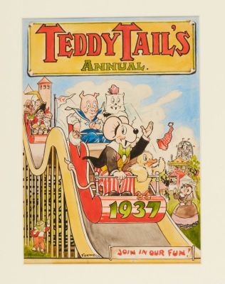 Lot 10 - Teddy Tails Annual original front cover artwork (1937) drawn, coloured…