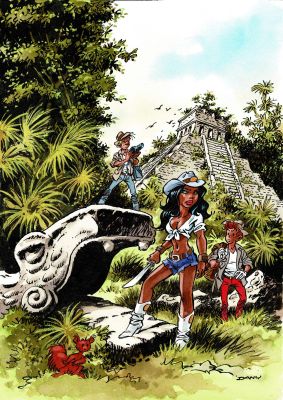 Dany | Spirou et la Gorgone bleue, dessin original à l’encre de chine et aux encres de couleurs réalisé pour un tiré à part du tirage de luxe. | Septimus