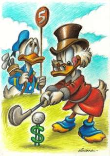 Joan Vizcarra - Original Pencil - Scrooge McDuck Enjoying Golf & Donald Duck Bored as Caddy - Hand Signed | Catawiki