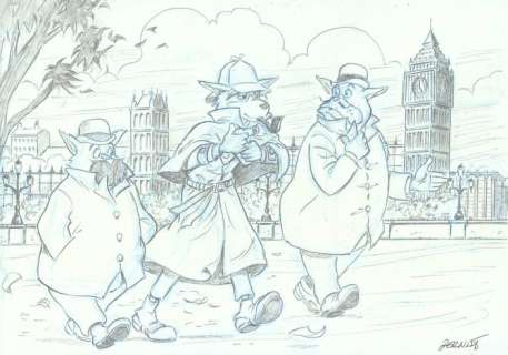 Bernat, Serrat - 1 Original drawing - Sherlock Holmes - Dr Watson and Inspector Lestrade of Scotland Yard in London | Catawiki