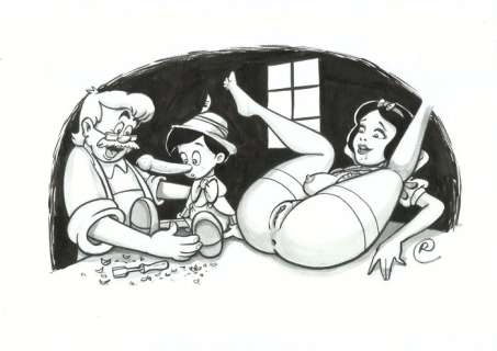 Ramis - 1 Original drawing - sexy girl - Pinocchio and Snow White: Better wood cutting ! | Catawiki