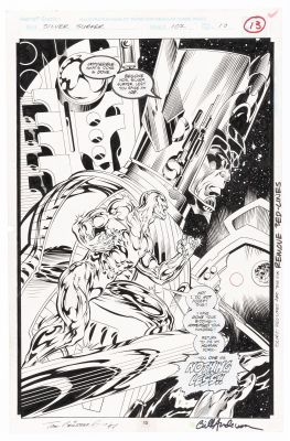 Lot 116 - TOM GRINDBERG SILVER SURFER VOL. 3 #102 COMIC BOOK SPLASH ORIGINAL ART. | Hake’s