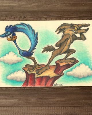 Joan Vizcarra - 1 Crayon original - Wile E. Coyote & Road Runner: Search Mode – Hand Signed | Catawiki