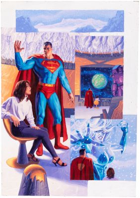 Lot 19 - THE BROTHERS HILDEBRANT SUPERMAN: THE LAST GOD OF KRYPTON COMIC BOOK SPLASH PAGE ORIGINAL ART PAINTING. | Hake’s