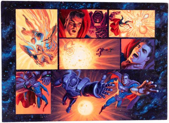 Lot 20 - THE BROTHERS HILDEBRANT SUPERMAN: THE LAST GOD OF KRYPTON COMIC BOOK DOUBLE PAGE SPREAD ORIGINAL ART PAINTING. | Hake’s
