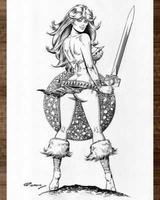 Romero, Enric Badia - Dessin à l’encre original - AXA with Sword – Hand-Signed | Catawiki