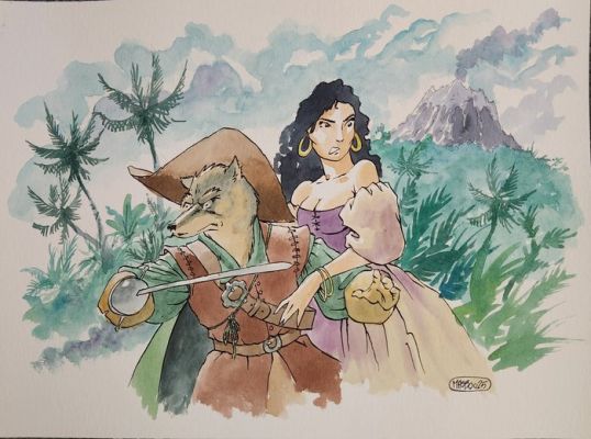 Jean-Luc Masbou - 1 Original colour drawing - De cape et de crocs