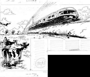 Illustration originale Ã  l‘encre de chine des Robinsons du rail, réalisée par FRANQUIN en collaboration avec JIDEHEM sur un texte d‘Yvan DELPORTE - Page 14-15 ( Editions de la Sirène - 1993-)